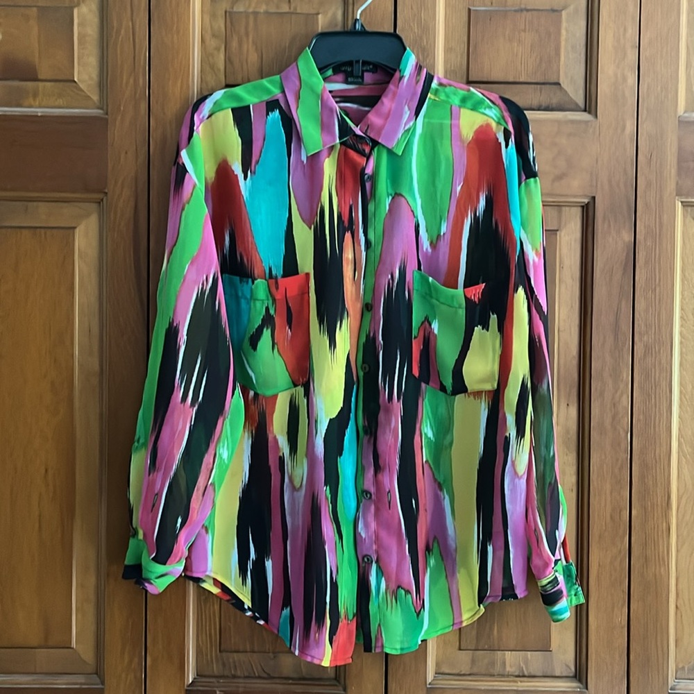 August Silk multicolored sheer blouse size Medium